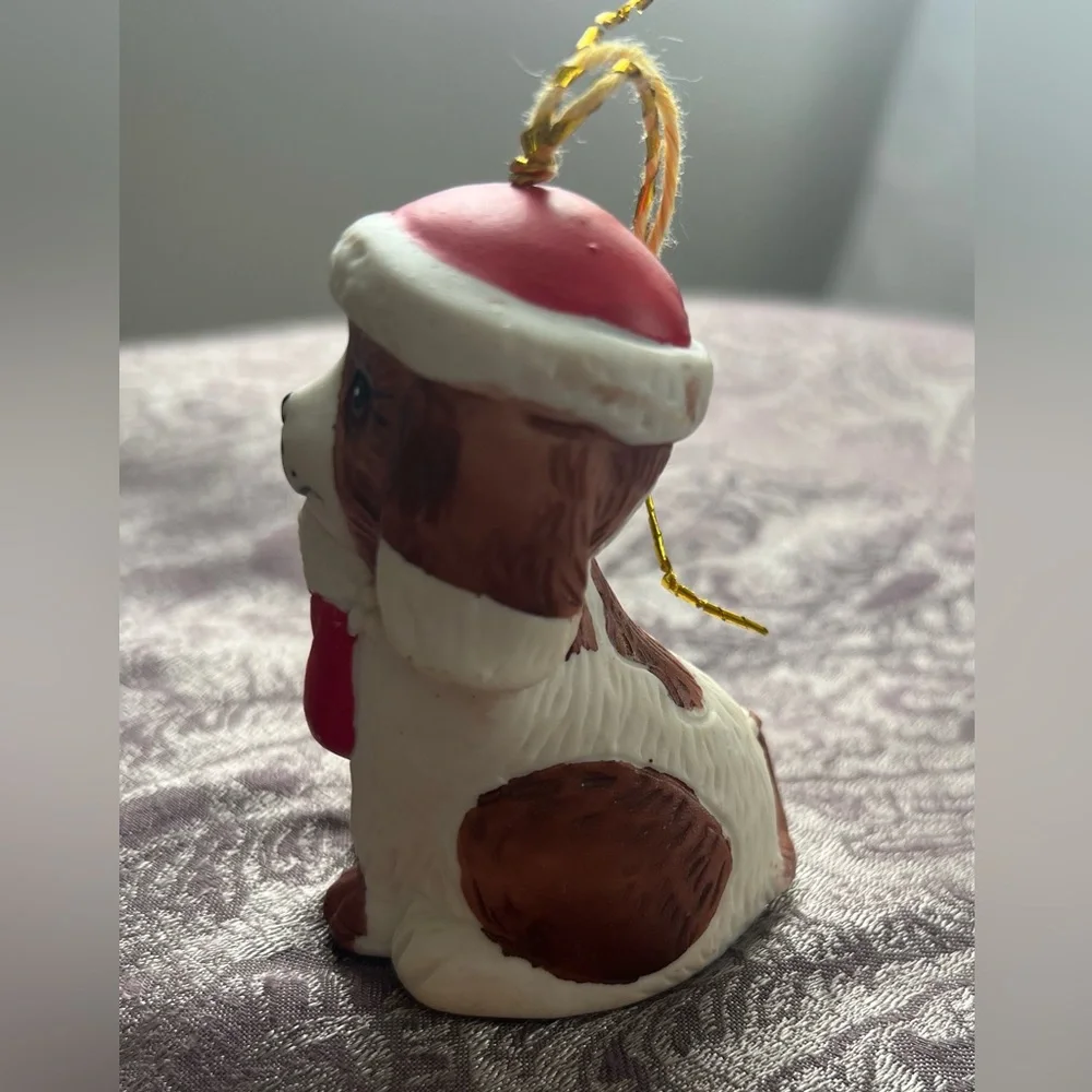 Holly Bells Figurine Puppy Dog Bell Christmas Ornament porcelain Giftco Vintage